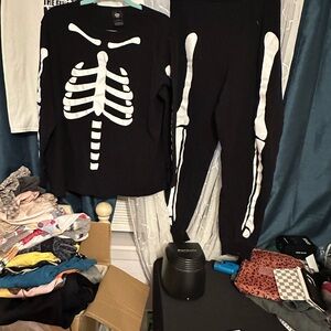 Xhilaration Black Pajama Set with White Skeleton Design